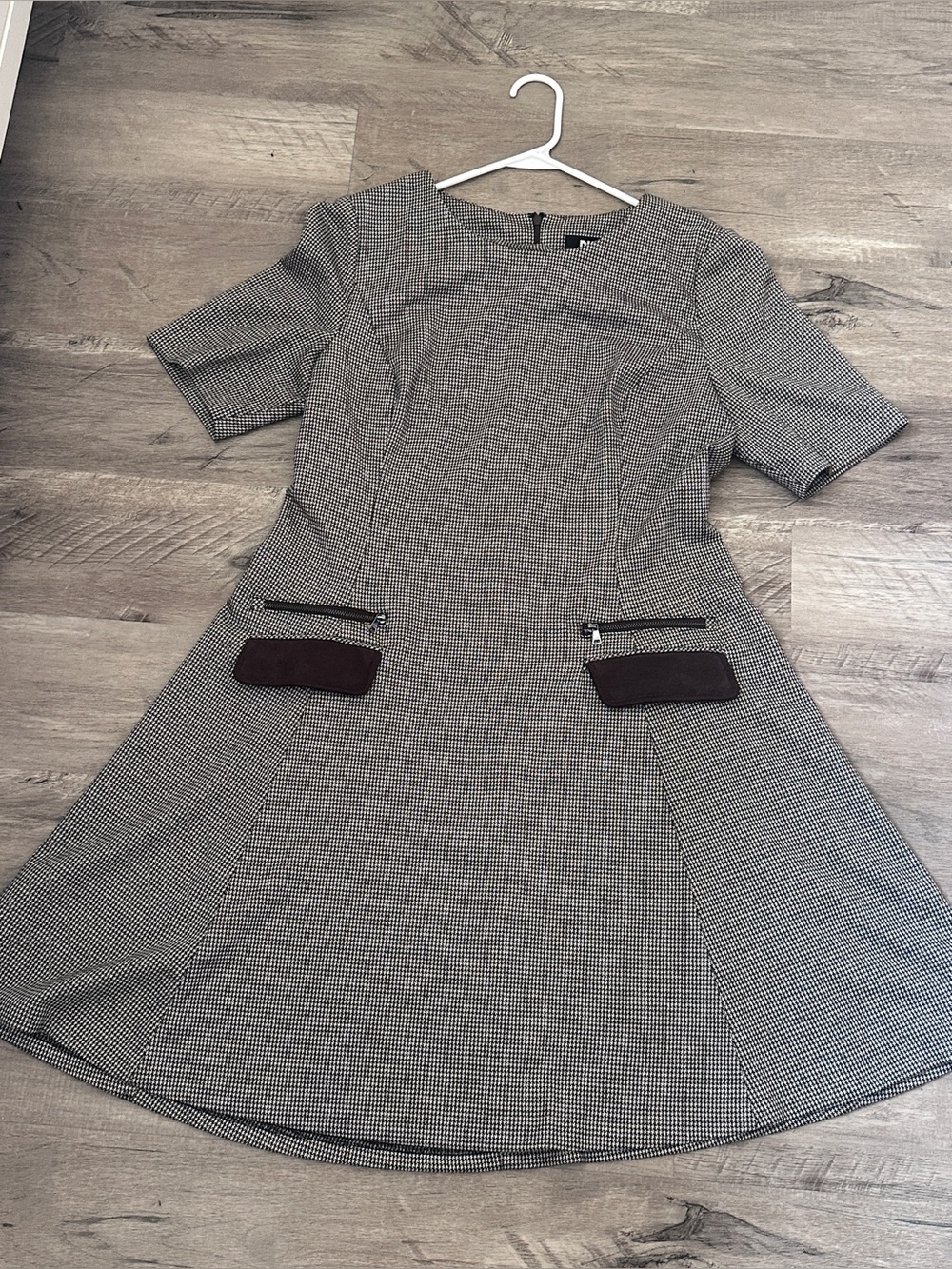 DKNY Houndstooth A-Line Work Dress Size 14 Plus Brown Career Office Zip Detail